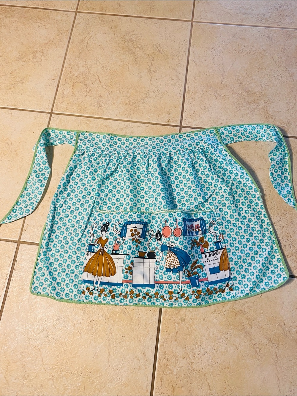 Vintage Teal Floral Half Apron with Kitchen Print